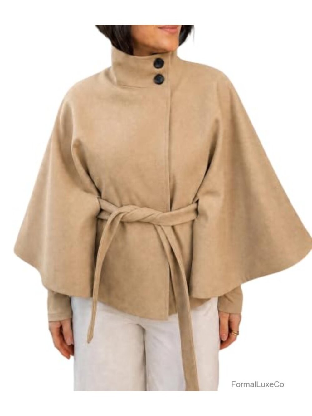 Wool Blend Batwing Sleeve Belted Pea Coat Poncho Cape